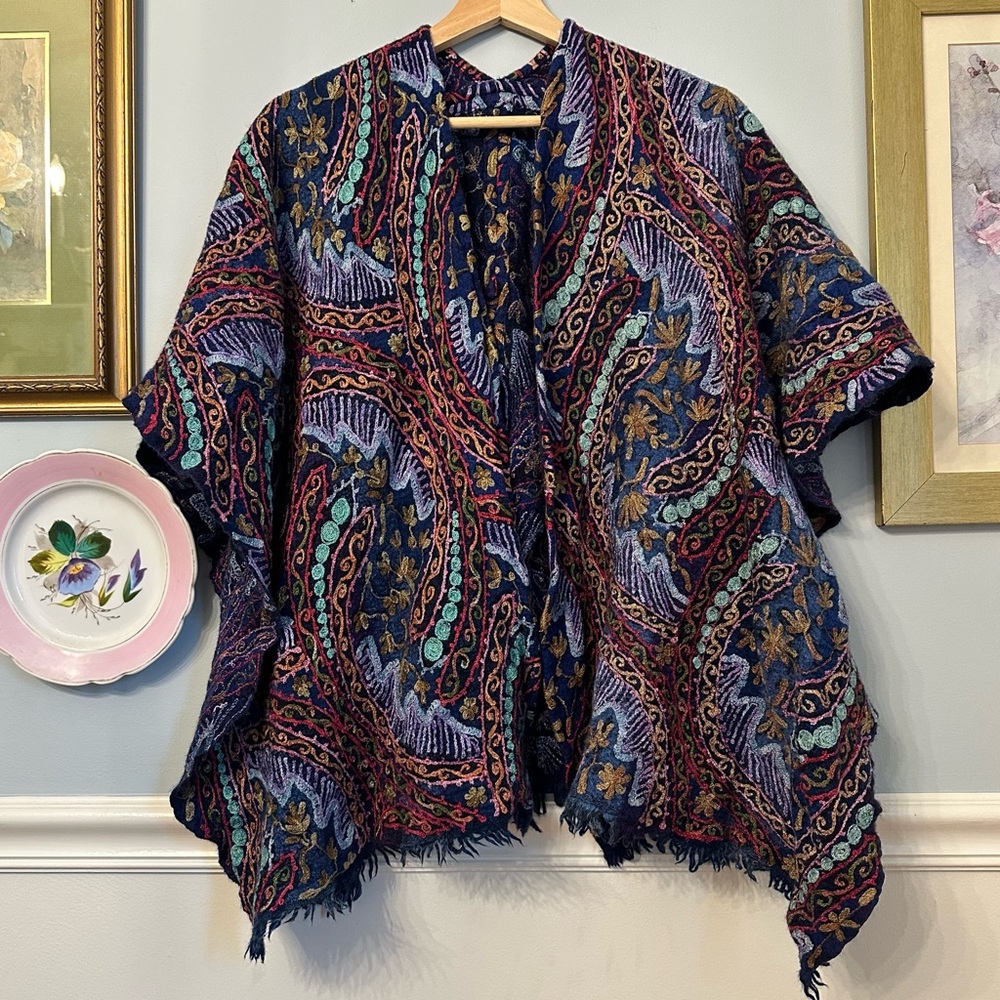 Anu 100% wool embroidered shawl poncho kimono wrap artsy colorful boho bohemian